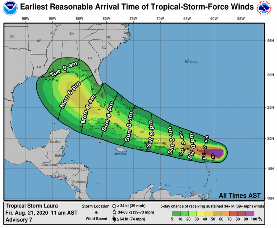 TS Laura Earliest Arrival of Tropical Storm Force Winds